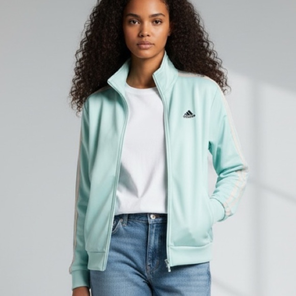 Adidas Aqua Gray Track Jacket Zip up Mock neck Athleisure Loungewear Activewear
